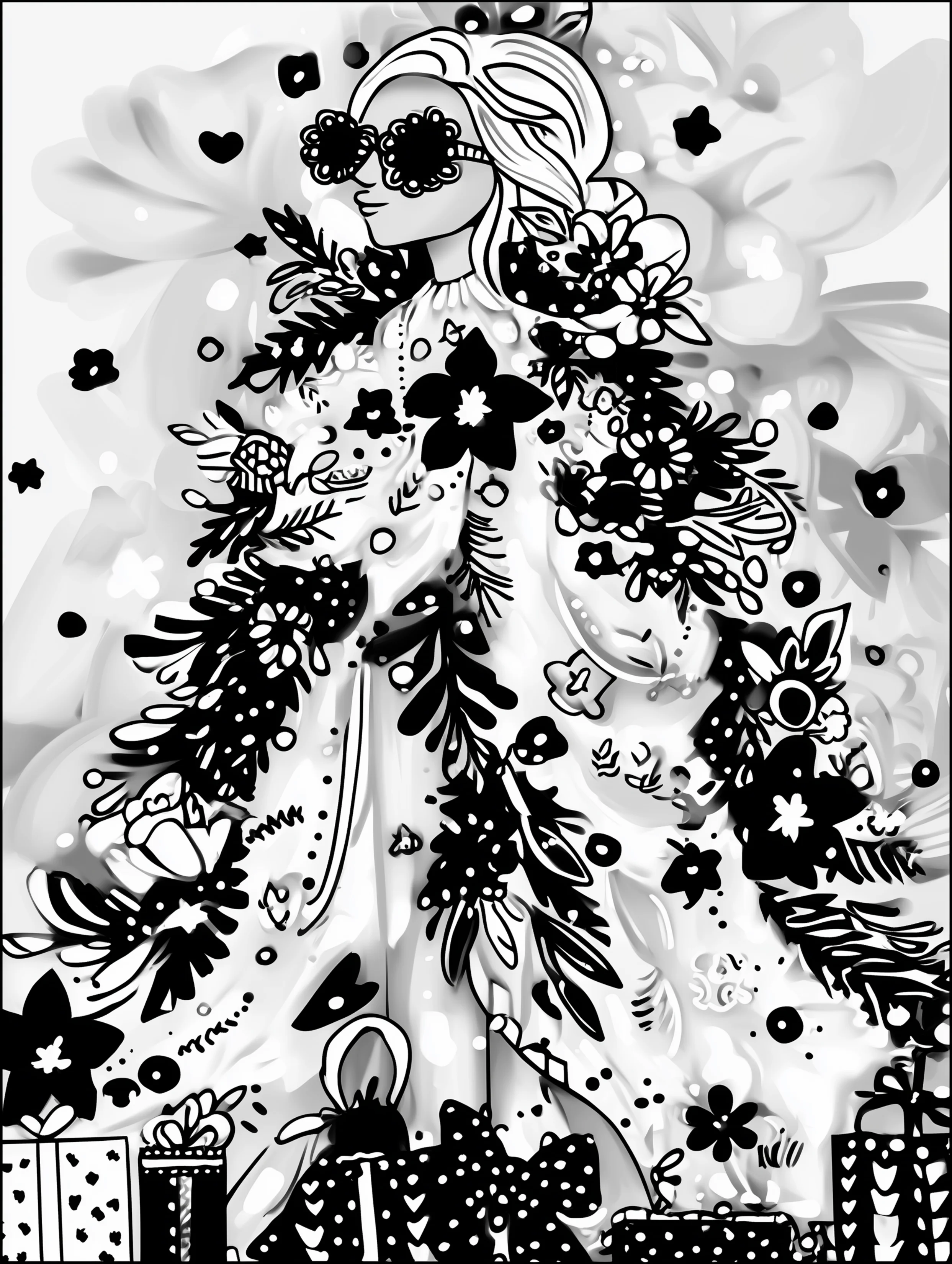 Free printable christmas coloring page for adults featuring a glamorous lady in a dress